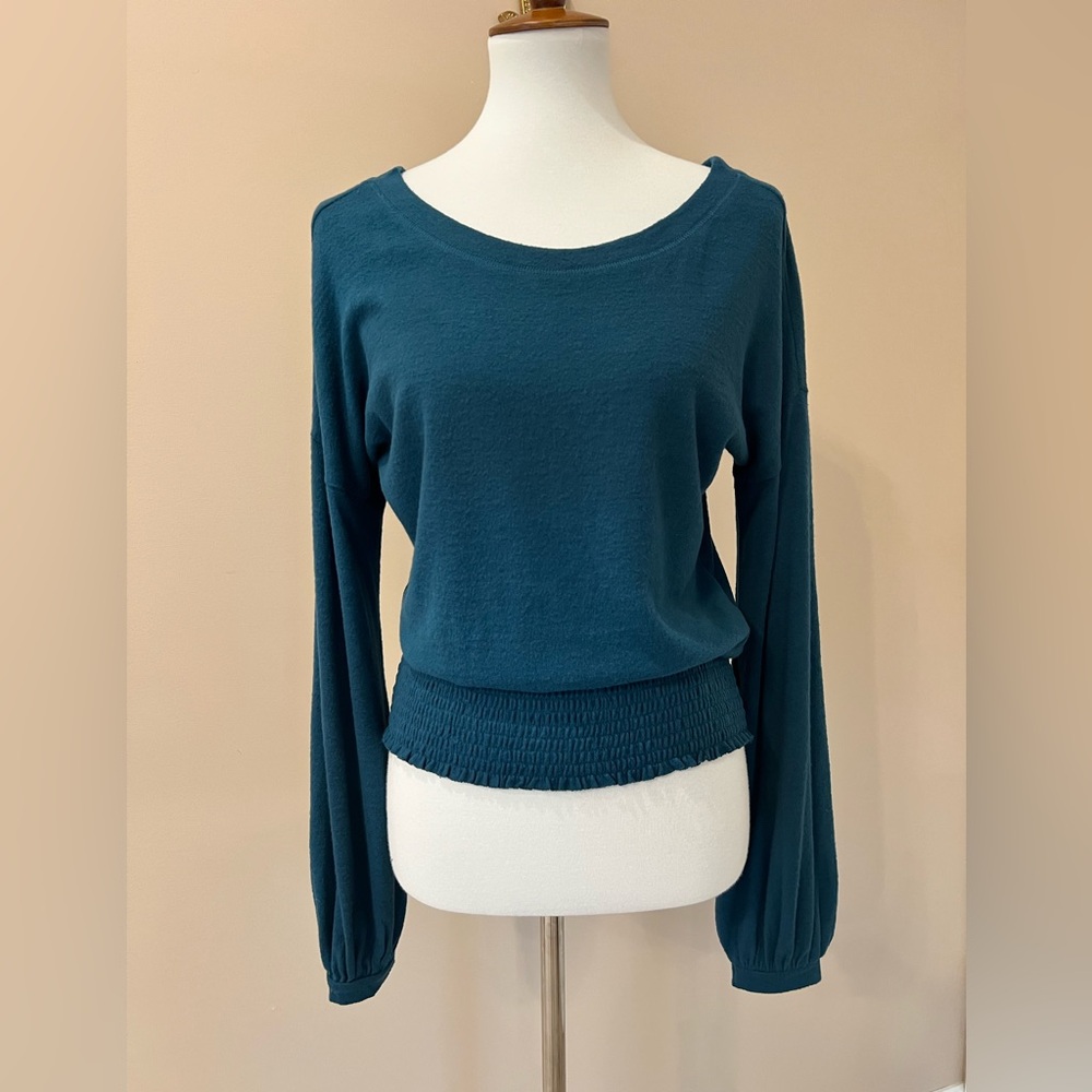 Abercrombie & Fitch Soft A&F Cozy Smocked Waist Top Teal Balloon Sleeve (16)